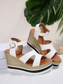 Women's Summer Elegant Woven Wedge Sandals - Height Increasing Hook-And-Loop Design, Fashion Woven Strap, Minimal Solid Color, Open Toe Square Toe Low Top, Casual For Daily And Vacation - Beige - View 3