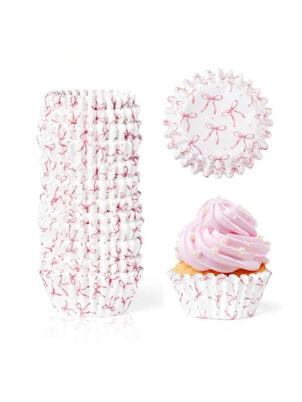 50 Stück/1 Set, kreative Mode weiße Kuchenpapierbecher, rosa Schleifen-Muster Pflaumenkuchen Papierbecher; hitzebeständige Kuchenpapierbecher, Party Schleifen-Muster Papierbecher-Ständer; kleine Kuchenpapierbecher, tragbarer Kuchenpapierbecher-Ständer.