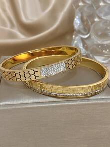 18K 镀金不锈钢奢华优雅几何锆石钻石可叠戴手镯套装，适合女士、妈妈礼物、圣诞节感恩节万圣节婚礼狂欢/舞会/派对/日常配饰、周年纪念礼物、情人节波西米亚风珠宝生日伴娘礼物 Y2K 精致时尚手镯