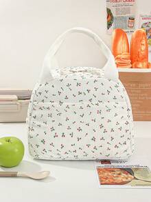 1 Piece Cute Floral&Bow Pattern Insulated Lunch Box Portable Lunch Tote Bag With Handle Corduroy Lunch Bag With Cherry Print Zippered Lunch Handbag With Woven Rope Decor Large Capacity Food Storage Bag With Compartment Suitable For Picnic, School, Office, Camping Suitable For Students, Teachers, Office Workers, Family Good Choice For Teacher's Day Gifts, Mom Gifts, Children's Day Gifts Back To School School Stuff Bag For School Lunch Bag For Women Cooler Bag Picnic Accessories