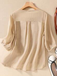 Women's Loose Retro Embroidery Pullover Tops, Spring/Summer - Khaki - View 10