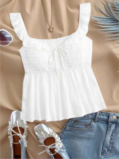 Women Solid Color Knot Front Pleated Hem Tank Top, Minimalist Casual Everyday White Blouse, Summer