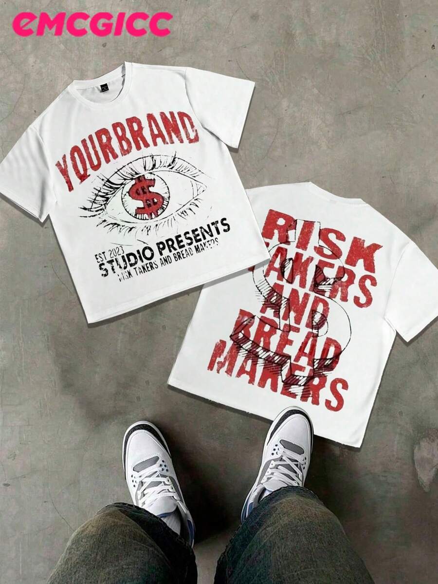 Y2k Men's T-Shirts Eye Dollar Sign Risk Takers And Bread Makers Street Outdoor Life Hip-Hop Style Round Neck Short Sleeved Casual T-Shirt, Comfortable And Breathable Summer Clothes - 白色 - 查看 1