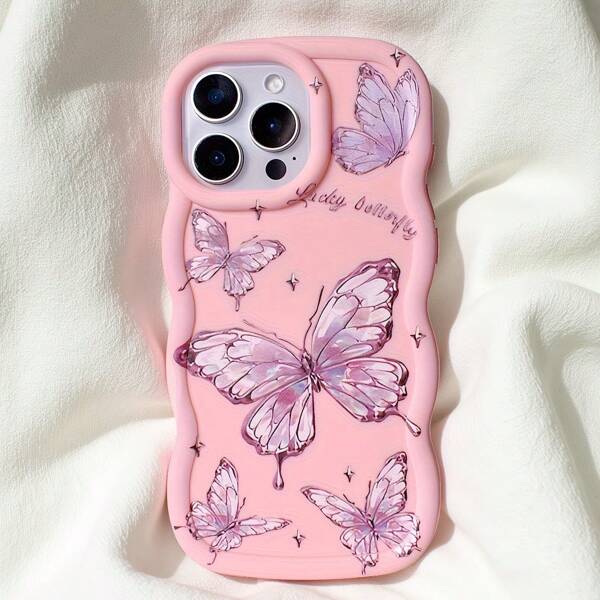 1 pieza Estuche de teléfono con textura de strass con diseño de mariposa insecto lindo y minimalista de color rosa, con patrón ondulado suave y cobertura completa a prueba de caídas, compatible con Samsung//Redmi/Apple/Transsion/INFINIX/HOT/SMART/OPPO/RENO/REALME/VIVO/Honor/90LITE