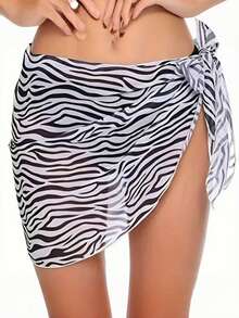 2 件/1 件短款雪纺多功能三角比基尼罩衫沙滩裙，时尚纯色，豹纹，斑马纹围巾披肩，性感泳装沙滩裙 - 黑色 - 查看 4