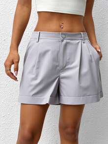 Short dama mujer calor ligeros Plus size pretina zipper botón metálico tela fresca básico bajo recto doblez ajustado playa primavera verano  día jardín ejercicio deporte caminar vacaciones diario calle formal - Gris - Ver 1
