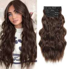 Megito Hair Extensions Clip In 4PCS Hair Extension Long Wavy Full Head 20Inch Clip In Hair Extension Synthetic Fiber Hair Pieces For Women - 棕色 - 查看 1