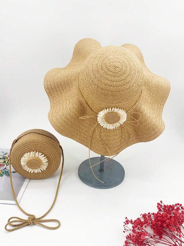 2 Peças Conjunto de Chapéu de Sol de Palha e Bolsa de Palha com Decoração de Girassol Feminina, Aba Ondulada Grande, Tamanho Ajustável, Respirável para Viagem, Praia e Férias ao Ar Livre, Moda Versátil, Design Dobrável