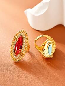 Conjunto de 1 peça estilo vintage antigo com pedras preciosas sintéticas longas e brilhantes, banhadas a ouro, anéis largos para mulheres, o melhor acessório para banquetes e festas, decoração de casamento, uso diário versátil, joias lindas para presentear quem você ama