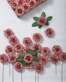 25Pcs Artificial Roses Flowers Fake Roses With Stems Real Touch Foam Flowers For DIY Wedding Bouquet Baby Shower Centerpiece Floral Arrangement Party Home Decor(Dark Red) - Dusty Rose - View 4