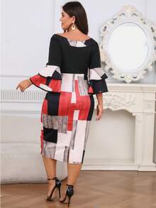 Plus Size Elegant Off-Shoulder Plaid Print Casual Dress For Commuting - Black - View 9