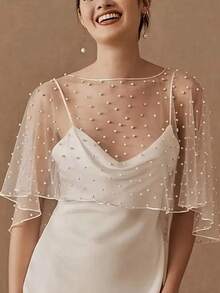 1 Piece Of Bridal Shawl, Pearl Chiffon White Shawl, Rhinestone Bow Bridal Shawl, Beaded Lace Edge Bridal Shawl, Suitable For Wedding Dress Matching, Civil Ceremony Photography Props - Multicolor - View 7