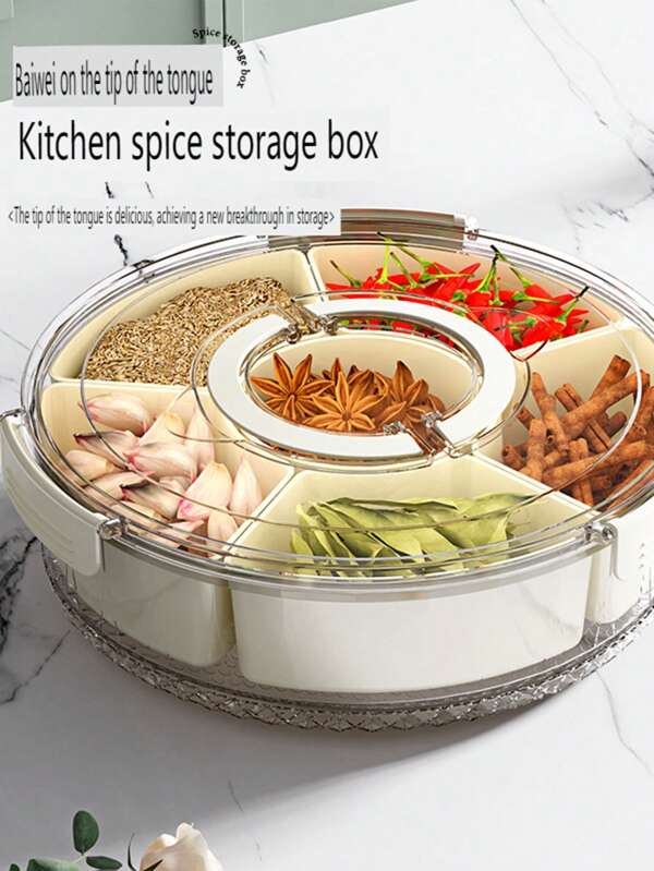 1pc Transparent Rotating Tray With Lid And Handle, Portable Layered Snack Cheese Platter, Kitchen Spice Storage Box, Refrigerator Bento Box