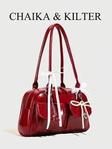 1 chiếc túi đeo vai CHAIKA & KILTER bằng chất liệu PU bóng dành cho nữ, túi xách Boston thời trang nhiều ngăn dung tích lớn có khóa kéo, thích hợp sử dụng hàng ngày và ngoài trời (Bán kèm mặt dây chuyền) - Màu Đỏ Sâu - Xem 5