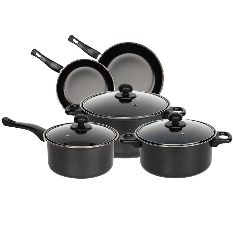Gr8 Home Black 8 Piece Non Stick Cookware Set Cooking Pot Frying Pan Saucepan With Lids - Black - View 1