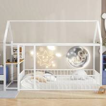 Cama de metal de tamaño completo con estructura de casa, con escritorio, estantes, tomas de corriente y puertos USB, color blanco-493 - Multicolor - Ver 2