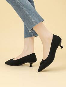 Women's Pointed Toe Basic Casual Slip-On Knitted Flats With Bow Decor, Petite/Plus Size French Style 1.57 Inch Kitten Heel, Suitable For Skirts, Cute Look - Black - View 5