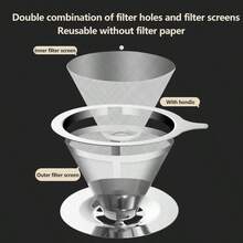 可重复使用的 304 不锈钢咖啡过滤器，双层咖啡滴滤漏斗，无需滤纸，重返校园 - 銀色 - 查看 3