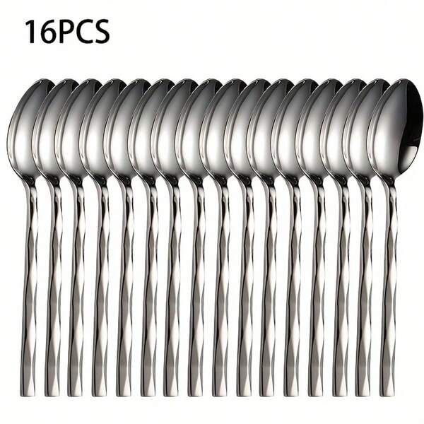 16pcs/Set Stainless Steel Silver Rhombus Pattern Coffee Spoons/Tea Spoons (Approx. 5.67 Inches), Suitable For Stirring, Sugar, Fruit, Ice Cream, Milk,School Supplies