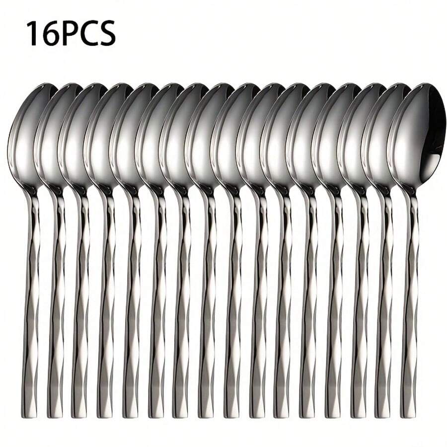 16pcs/Set Stainless Steel Silver Rhombus Pattern Coffee Spoons/Tea Spoons (Approx. 5.67 Inches), Suitable For Stirring, Sugar, Fruit, Ice Cream, Milk,School Supplies
