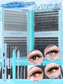 640pcs/Set DIY Eyelash Extension Kit, Eyelash Cluster Set, Curl Degree 10D-100D, Includes Eyelash Glue, Tweezers And Eyelash Brush. Suitable For Home Use. Comes With Eyelash Cluster Manual (4 Mixed Styles). Essential For Christmas Travel. - 彩色 - 查看 4