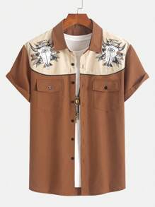 Men's Long Sleeve Denim Shirt With Animal Print Design, Fashionable Denim Casual Shirt With Double Pockets And Buttons, Suitable For Daily Wear Cowboy Style