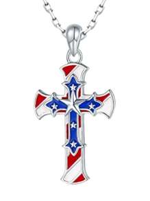 1pc Elegant & Versatile Patriotic Independence Day Red White Blue Star Cross Necklace, Suitable For Men & Women, Exquisite Gift