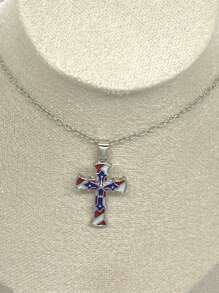 1pc Elegant & Versatile Patriotic Independence Day Red White Blue Star Cross Necklace, Suitable For Men & Women, Exquisite Gift