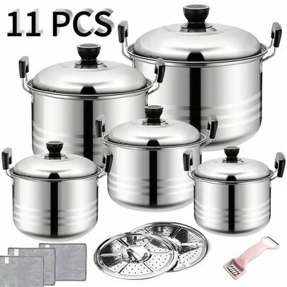 11 Piezas Bateria de Cocina Acero Inoxidable 11 Piezas Batería de Cocina Juego de Ollas de Acero Inoxidable con Antiadherente Vaporera para Cocina, Acenas al Aire Libre y Viajes
