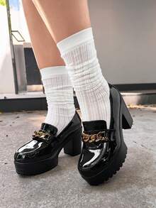 DareSee Women's Black Soft Leather Platform Slip-On Casual Shoes 2025 New Korean Style Thick Bottom Low Top High Heel Loafers For Petite Music-Fest Y2K-Fest Back To School Autumn Winter Gifts