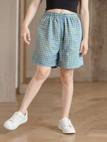 女童格子休闲宽松裤，夏季散步短裤，轻盈透气年轻女孩服装阔腿短裤，适合户外穿着