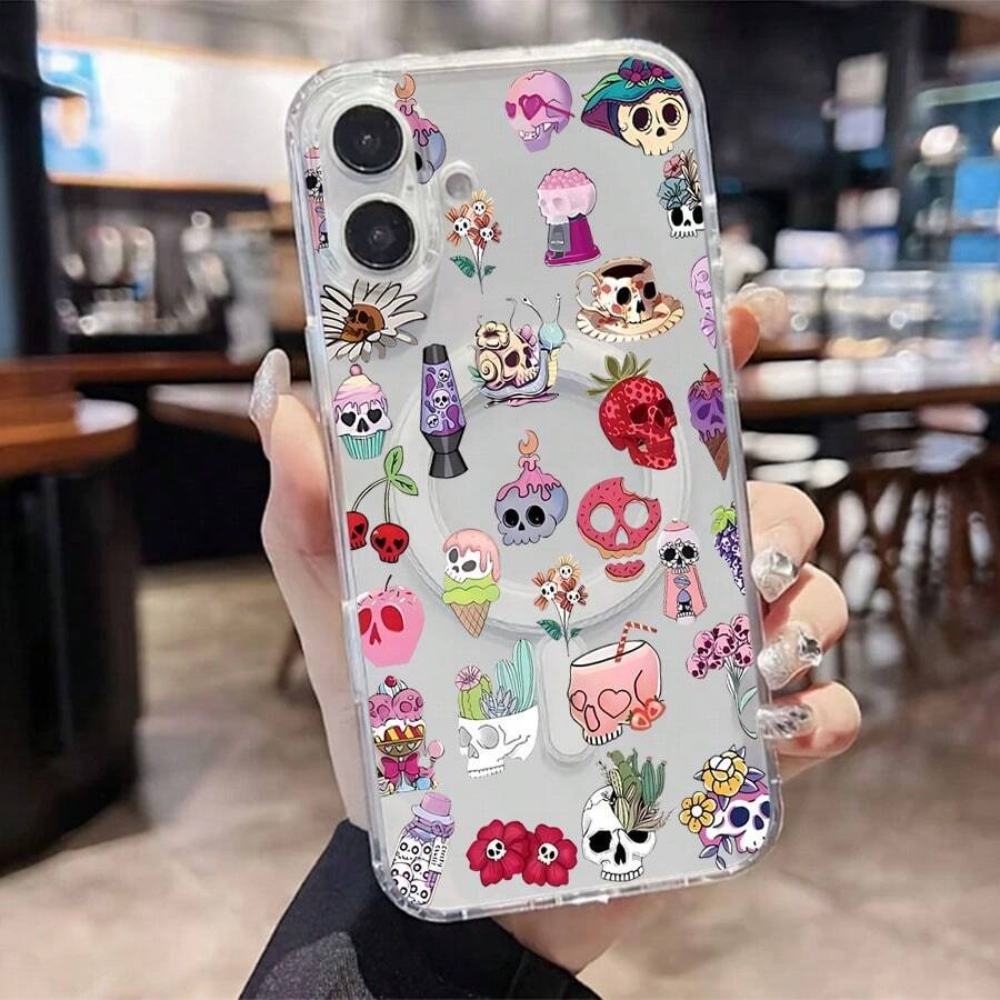 Skull Mobile Phone Case Decorated With Colorful Flowers And Sweet Treats Design Suitable For IPhone 16, 15, 14, 13, 12 And 11 Pro Models Made Of TPU Material And Provides Shockproof Protection Perfect For Family Friends Children Birthdays Spring Holidays Boyfriends Girlfriends And Valentine's Day Gifts - 無色 - 查看 1