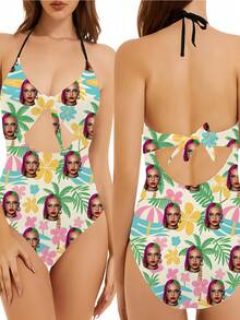 1 件定制面部印花细肩带镂空连体泳衣，夏威夷风格，性感露背蝴蝶结设计，无袖，非常适合游泳池、海滩、度假、女孩泳装，是送给女朋友或妻子的绝佳礼物 - 彩色 - 查看 4
