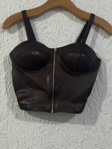 CROPEED IN CIRRE FABRIC WITH FRONT ZIPPER STRAPS AND PADS - Brown - View 1
