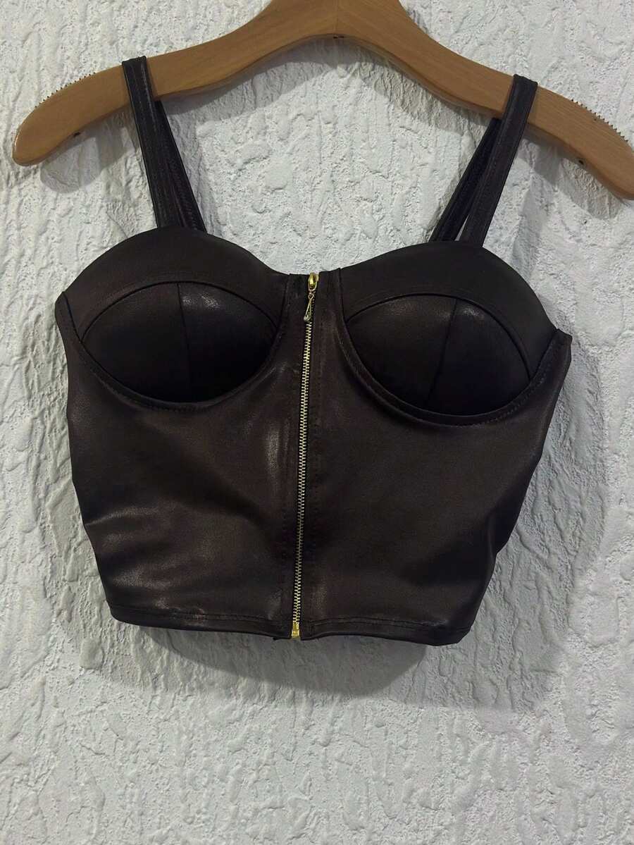 CROPEED IN CIRRE FABRIC WITH FRONT ZIPPER STRAPS AND PADS - Brown - View 1