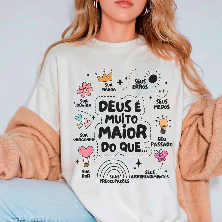 Women's Basic Christian Cotton T-Shirt God Is Much Greater - 奶油色 - 查看 1