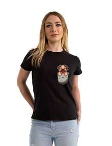 Playera para Mujer con Estampado de Perrito Pug en el Bolsillo | Camiseta Casual y Divertida para Amantes de los Pugs | Diseño Original y Tierno que Aporta un Toque de Encanto a tu Outfit Diario | Ideal para Regalar o Usar en Salidas Informales | Tela Suave y Cómoda de Alta Calidad | Disponible en Tallas S a XXL | Ropa Juvenil con Estilo Animal Lover y Detalles Únicos - Negro - Ver 1