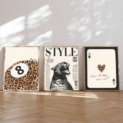 1/3幅豹纹墙画，幸运8号球和黑桃A图案，帆布油画，时尚偶像海报，现代风格装饰，适用于卧室、客厅或吧台车、宿舍，墙面装饰礼物（不含框）