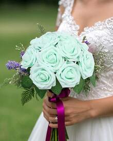 25Pcs Artificial Roses Flowers Fake Roses With Stems Real Touch Foam Flowers For DIY Wedding Bouquet Baby Shower Centerpiece Floral Arrangement Party Home Decor(Dark Red) - Mint Green - View 8