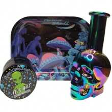 Kit de Accesorios para Fumador de 3 Piezas, Charola Metalica, y Grinder Acrilico y Vaso Decorativo - Azul Marino - Ver 2