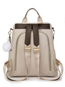 Women's Patchwork Contrast Color Casual Large Capacity Backpack, Minimalist Versatile Shoulder Bag, Student Backpack, Mommy Bag, Work Bag, Suitable For Travel, Student Design, With Pom Pom Pendant, Bookbag - Beige - View 9