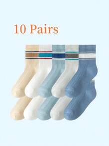 10 pares/5 pares/1 par de calcetines de tripulación de unicolor y a rayas, transpirables y que absorben la humedad, estilo deportivo, para niños y adolescentes, adecuados para primavera y verano, regalos de festividades