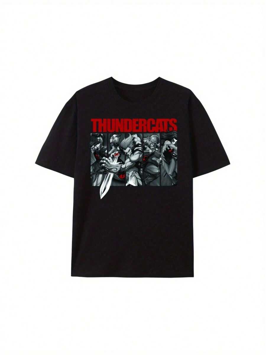 WWEN-TEE White Ink Heat Transfer Craft Men's Black Fun Pattern Loose T-Shirt, "Thunder Cat" Cool Pattern Eye-Catching, Unisex, Super Quality Elastic Comfortable, Stylish Comfortable High Appearance, Made Of Quality Pure Cotton Material, Sports Casual Style, Suitable For All Ages, Q-Neck Design Machine Washable, Suitable For All Seasons. - Black - View 1