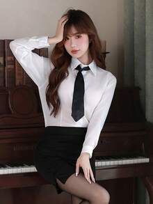 角色扮演秘书专业套装四件套（领带、透视衬衫、性感短裙、丁字裤），透视长袖衬衫搭配性感短裙，圣诞节和情人节夜总会表演服装，春季白色 - 白色 - 查看 10