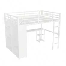 Queen Size Loft Bed Frame With Built-In Wardrobe, Metal Loft Bed With Desk And Storage Shelves, White-928 - Multicolor - View 9