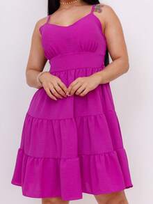 Women's Midi Dress With Straps In Duna Fabric, Loose And Lined - 玫瑰紅 - 查看 2