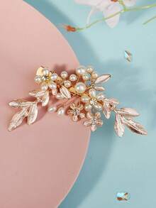 1pc Elegant Floral & Leaf Rhinestone Faux Pearl Decorated Garden Wedding Bridal/Bridesmaid Hair Clip Accessory Valentine's Day Accessories - Gold - View 9
