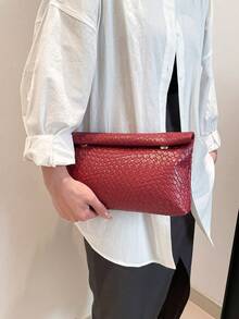 1 chiếc túi xách thời trang màu trơn, chất liệu PU, dung tích lớn, nắp gập có khóa nam châm, hình vuông, họa tiết da cá sấu, túi xách nữ đa năng dùng cho tiệc tùng, buổi tối, phù hợp cho phụ nữ đi du lịch và mua sắm. - Đỏ - Xem 6