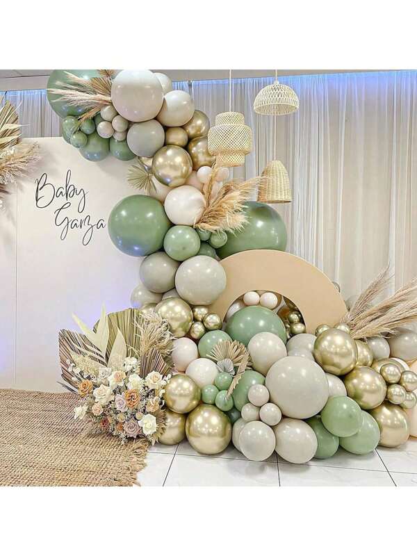 147pcs Gray-Green Balloon Sets. White Sand. Metallic Gold Balloon Garland Arch Set, For Jungle Hunting Parties, Weddings, Birthdays. Anniversary. St. Patrick's Day. Bridal Shower. New Year's. Graduation Ceremony. Garden Tea Party Decorations
