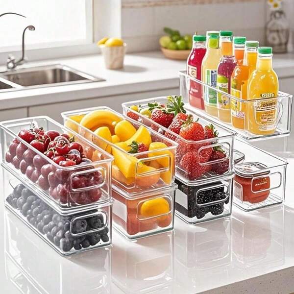 Set de 3 organizadores apilables, cajones de almacenamiento de plástico transparente para cubiertos, almacenamiento en el refrigerador, adecuado para alimentos, frutas, verduras, carnes, cosméticos, joyas, mesita y almacenamiento doméstico, con asas, para cocina, refrigerador, tocador, baño, decoración del hogar, artículos del hogar, almacenamiento, organizador de cocina, decoración de habitaciones, decoración del hogar, exterior, camping